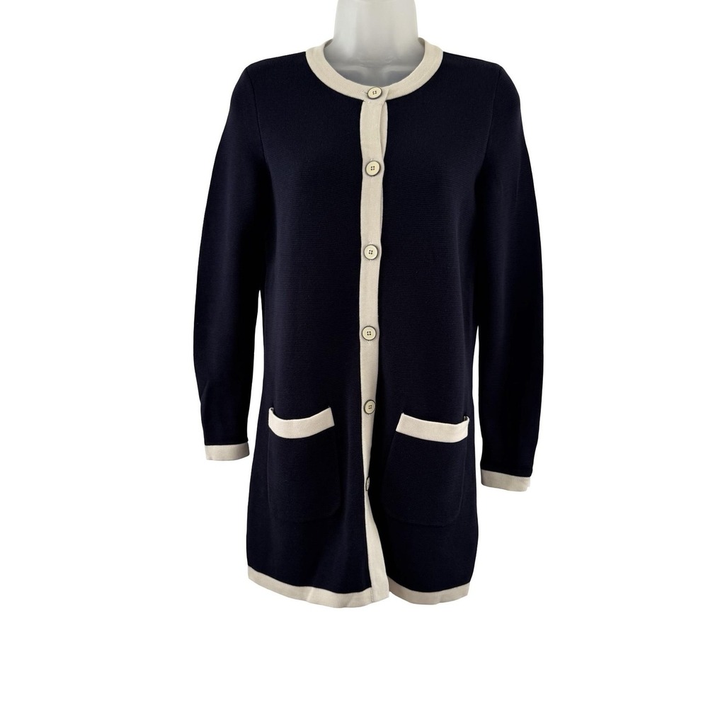 Talbots Long Cardigan Womens Petite P Navy Cream Trim Longline Pockets Preppy